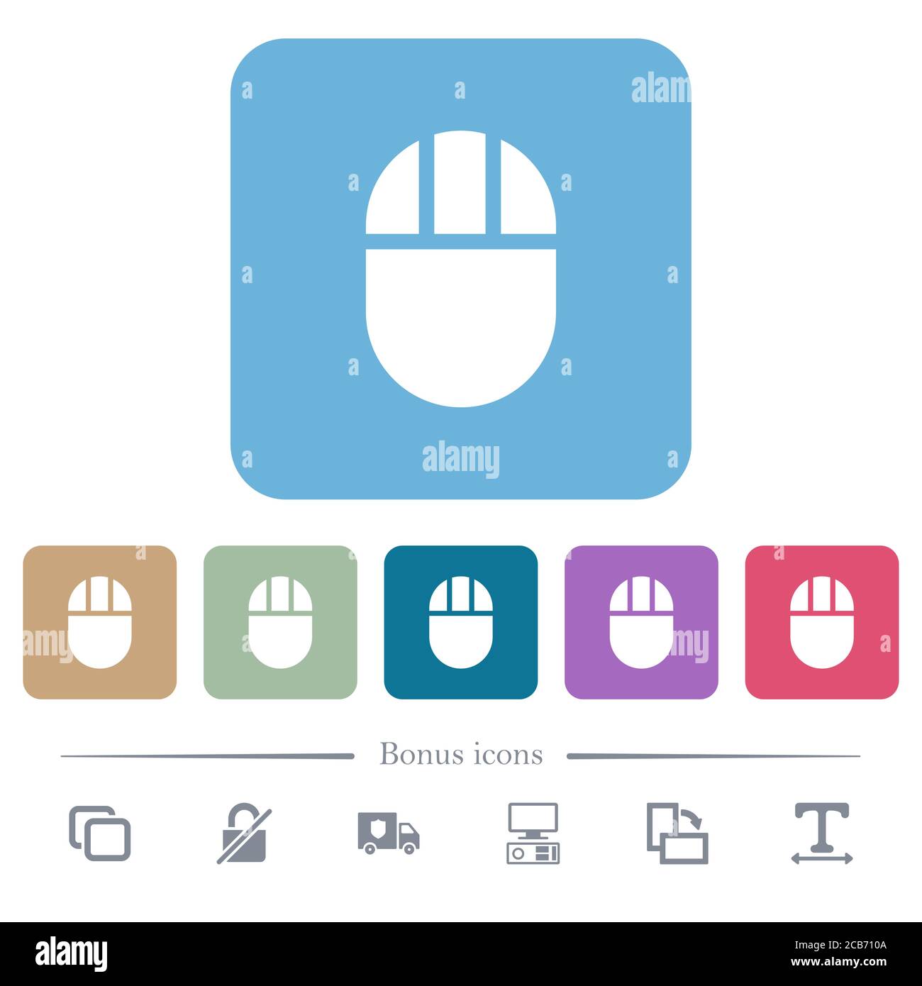 Drei knöpfbare Computer Maus weiße flache Symbole auf Farbe abgerundeten quadratischen Hintergründe. 6 Bonus-Symbole enthalten Stock Vektor