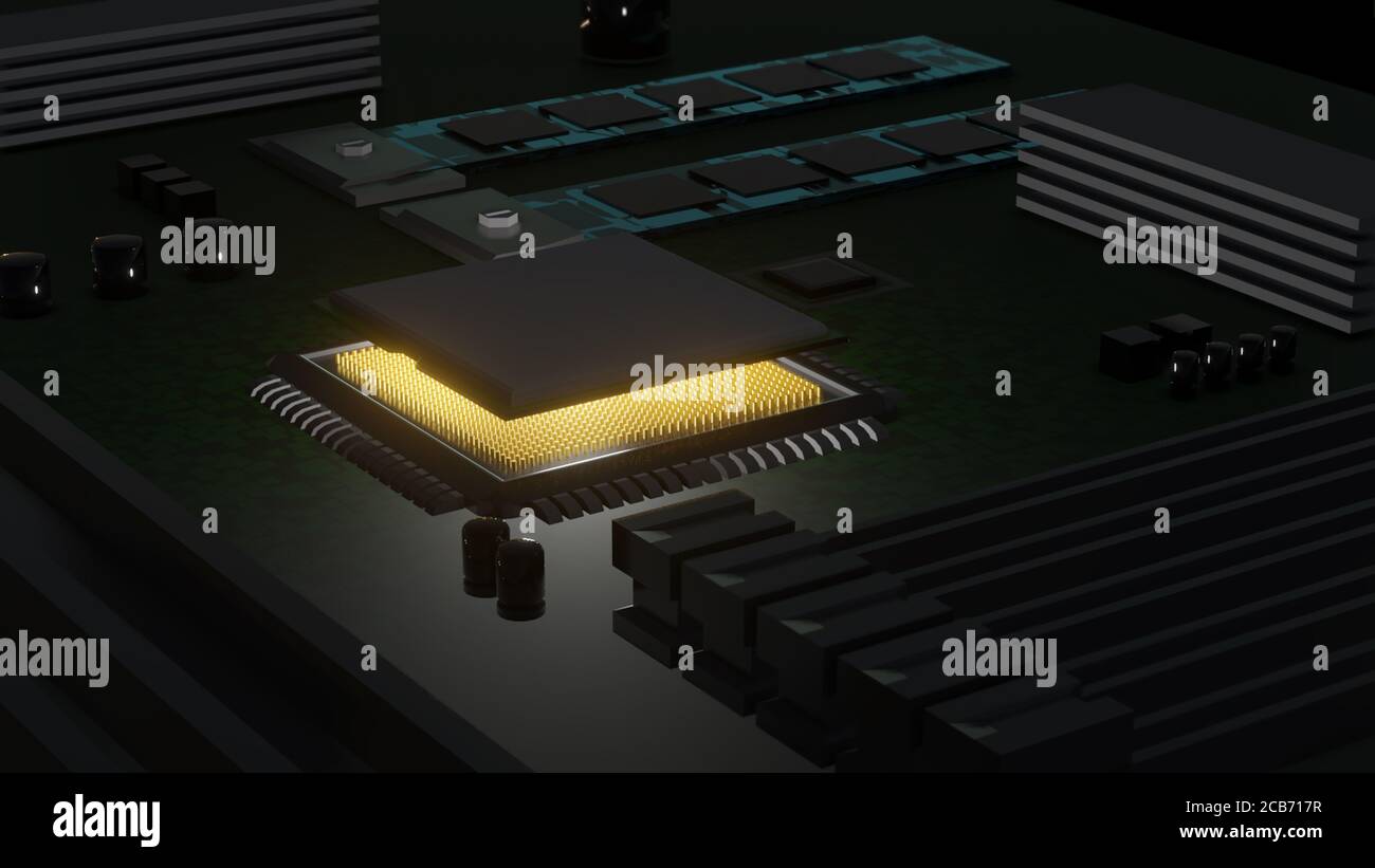 3d-Rendering eines typischen Computerprozessors, der in ein Motherboard eingebettet ist. Das Image verfügt über CPU-Sockel, PCIE-Steckplätze, RAM-Steckplätze, NVMe-Steckplätze und andere Komponenten. Stockfoto