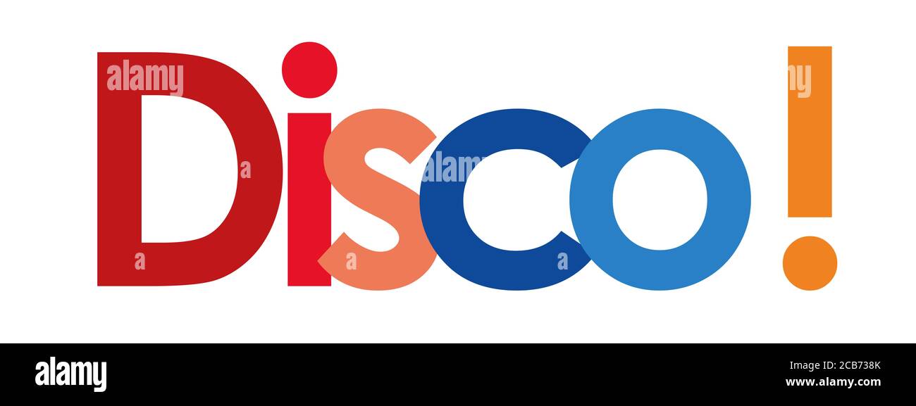 Disco-Text auf weißem Hintergrund Stockfoto