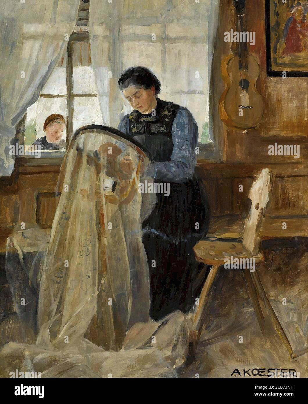 Koester Alexander - am Stickrahmen - Deutsche Schule - 19th Jahrhundert Stockfoto