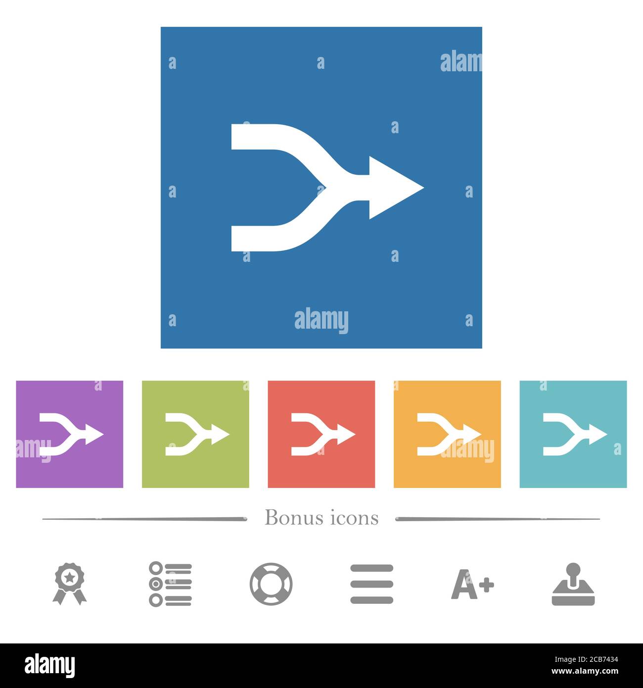 Pfeile rechts flache weiße Symbole in quadratischen Hintergründen zusammenführen. 6 Bonus-Symbole enthalten. Stock Vektor