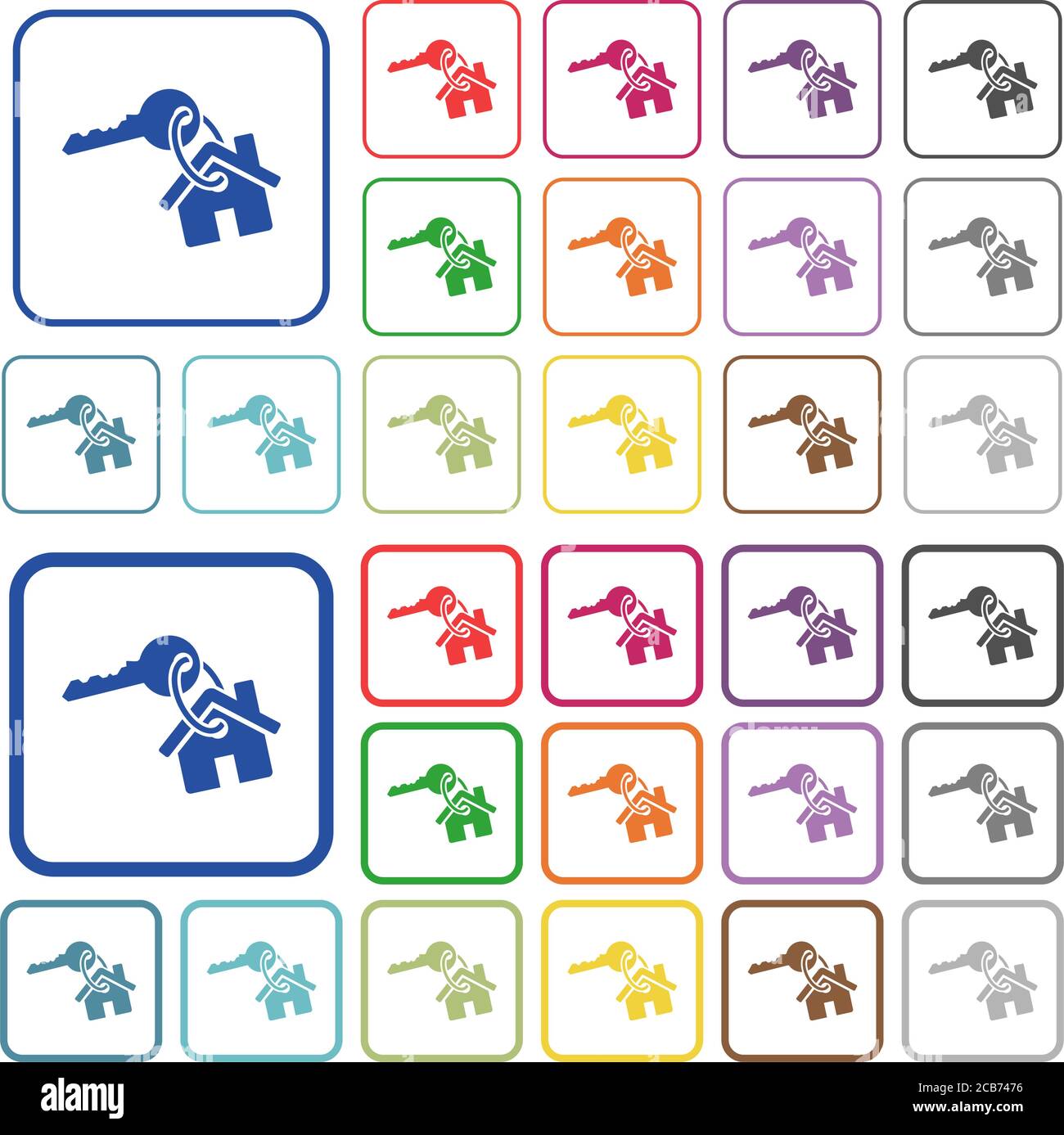 Schlüssel und Haus auf Schlüsselanhänger Farbe flache Symbole in abgerundeten quadratischen Rahmen. Dünne und dicke Versionen im Lieferumfang enthalten. Stock Vektor