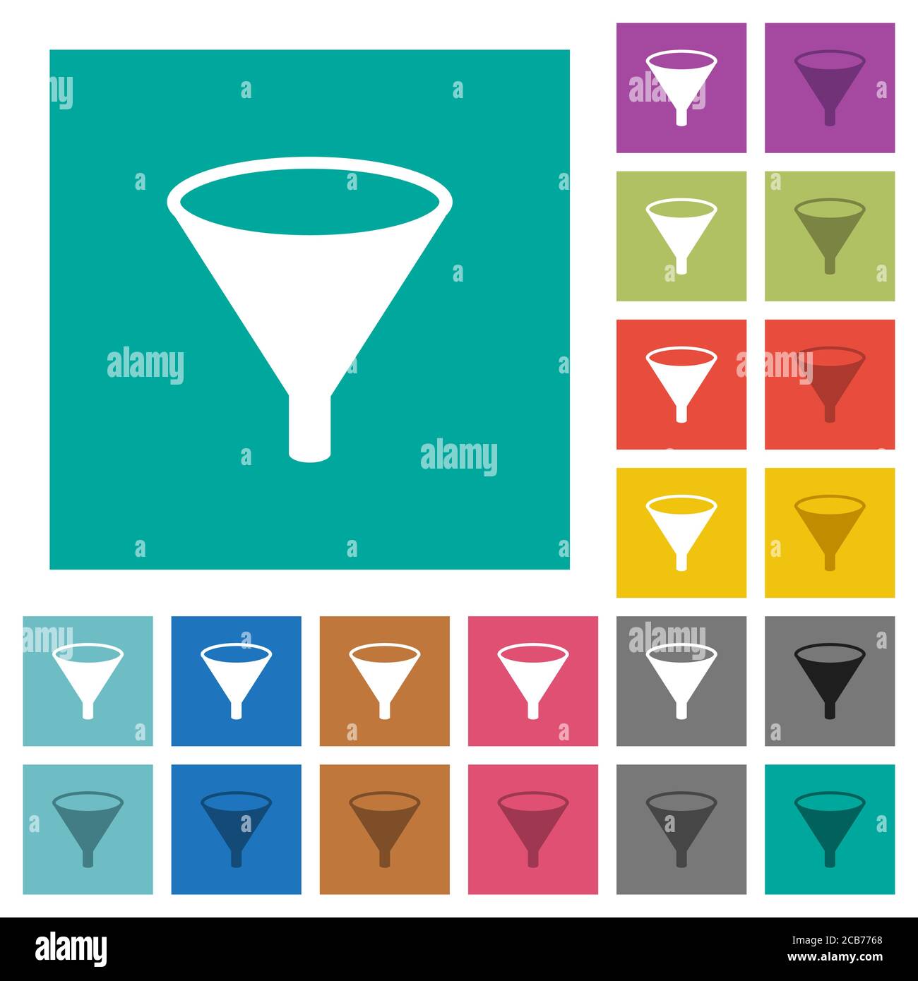 Trichter mehrfarbige flache Symbole auf einfarbigen quadratischen Hintergründen. Weiße und dunklere Symbolvarianten für schwebe- oder aktive Effekte. Stock Vektor
