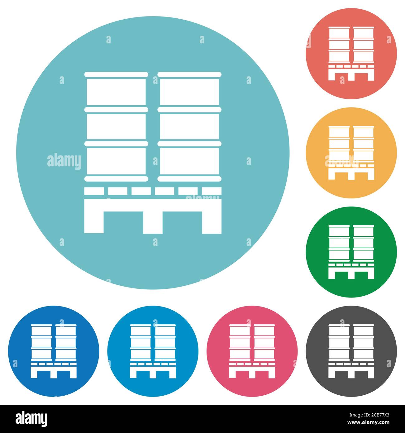 Palette mit Fässern flache weiße Symbole auf runden Farbhintergründen Stock Vektor
