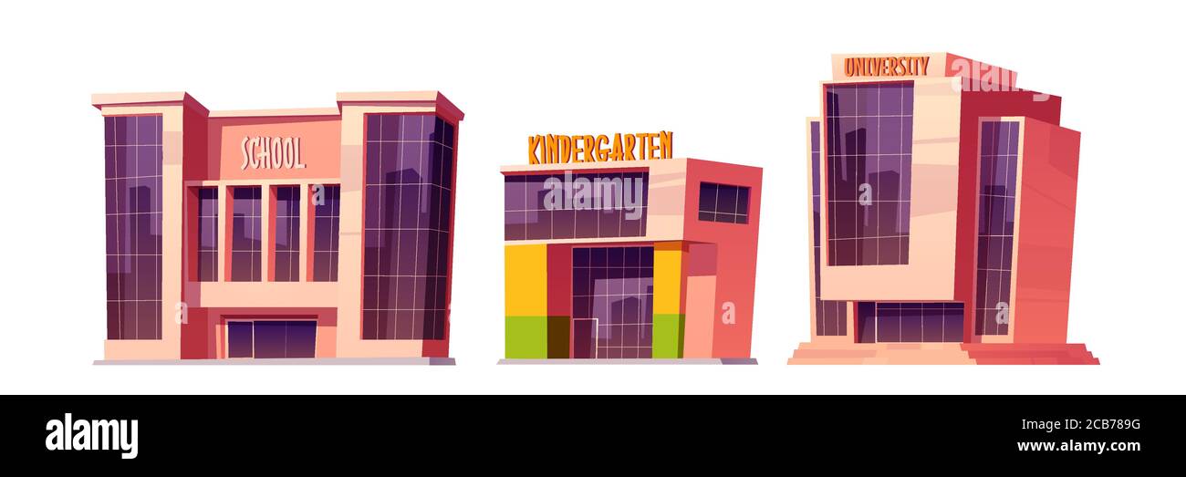 Gebäude von Schule, Kindergarten und Universität isoliert auf weißem Hintergrund. Vektor Cartoon Satz von Bildungseinrichtungen, außerhalb der Hochschule, Grund-oder Grundschule, Kindertagesstätte Stock Vektor