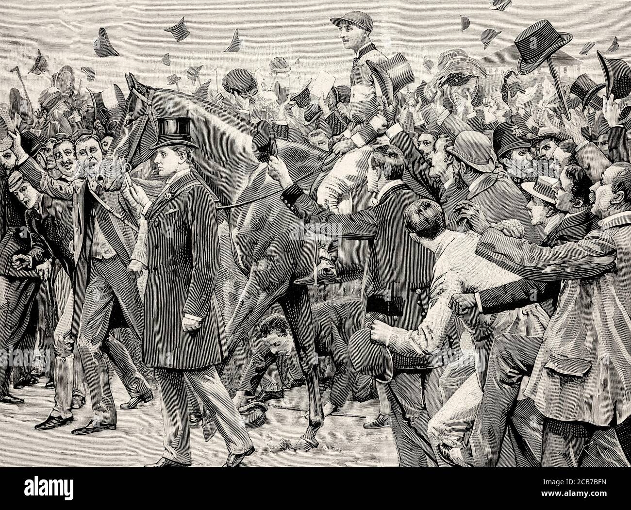 Horse Derby Race 1894, 19. Jahrhundert, England. Europa. Alte XIX Jahrhundert gravierte Illustration von La Ilustracion Española y Americana 1894 Stockfoto