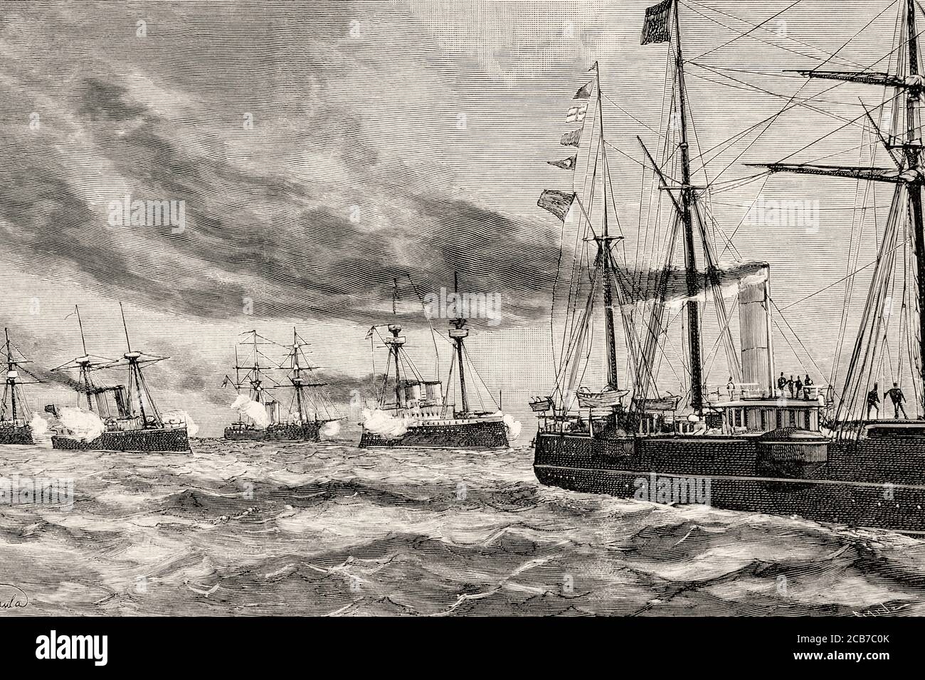Das Schiff Conde de Venadito, der spanischen Marine-Armee, sagt Auf Wiedersehen zu der Geschwader in Kap Spartel, Marokko. Alte XIX Jahrhundert gravierte Illustration von La Ilustracion Española y Americana 1894 Stockfoto