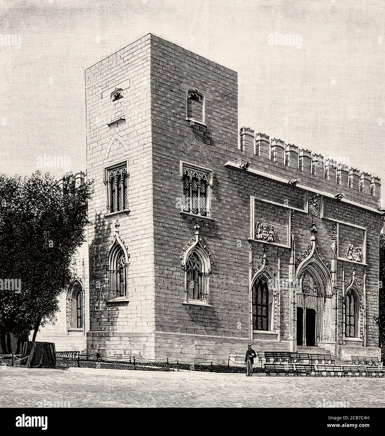 Weltausstellung in Chicago. Spanischer Pavillon auf der Kolumbianischen Weltausstellung 1894 anlässlich des 400. Jahrestages der Ankunft von Christoph Kolumbus in der Neuen Welt im Jahr 1492, USA. Alte XIX Jahrhundert gravierte Illustration von La Ilustracion Española y Americana 1894 Stockfoto