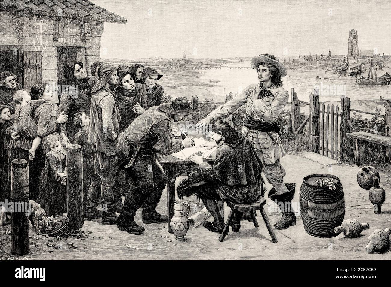 Der französische Privatmann Jean Bart rekrutiert Soldaten in Dunkirk, Frankreich. Alte XIX Jahrhundert gravierte Illustration von La Ilustracion Española y Americana 1894 Stockfoto