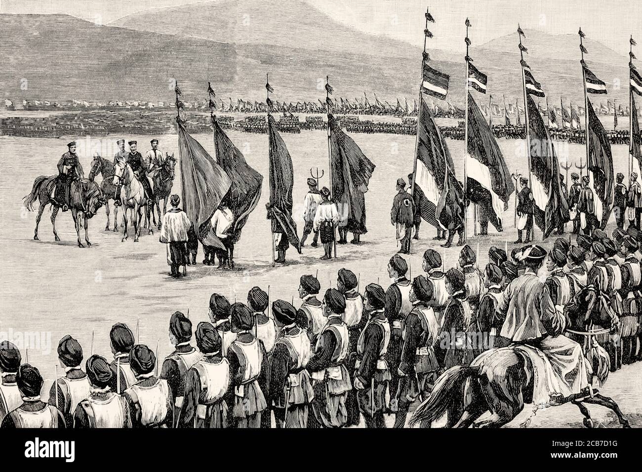 Chinesisch-Japanischer Krieg. Regelmäßige Truppen der chinesischen Armee in der Stadt Mukden, China. Alte XIX Jahrhundert gravierte Illustration von La Ilustracion Española y Americana 1894 Stockfoto