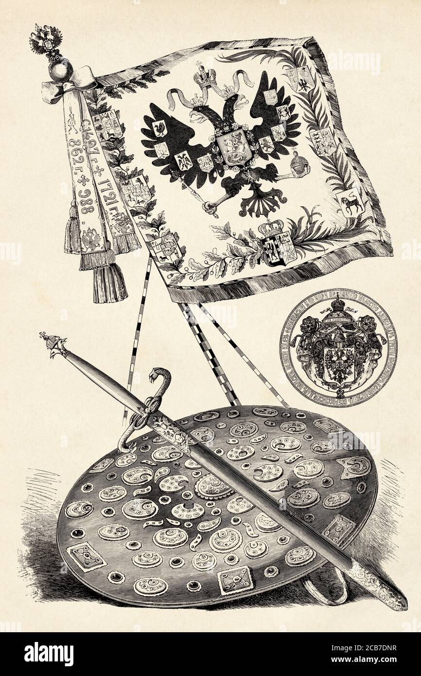 Russisches Reich Wappen, Siegel des Staatsschwertes und Rodela des Kaisers, Russland. Alte XIX Jahrhundert gravierte Illustration von La Ilustracion Española y Americana 1894 Stockfoto