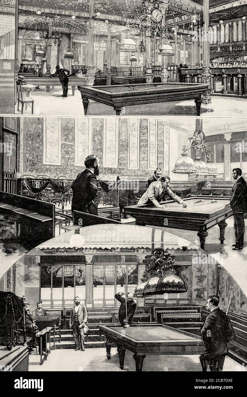 Spanische Nationale Billardakademie, Madrid 1894. Spanien. Alte XIX Jahrhundert gravierte Illustration von La Ilustracion Española y Americana 1894 Stockfoto