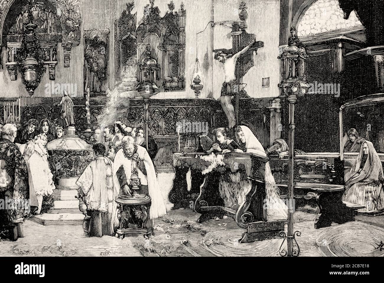 Traditionelle christliche Taufe im 19. Jahrhundert, Kirche in Venedig, Italien. Alte XIX Jahrhundert gravierte Illustration von La Ilustracion Española y Americana 1894 Stockfoto