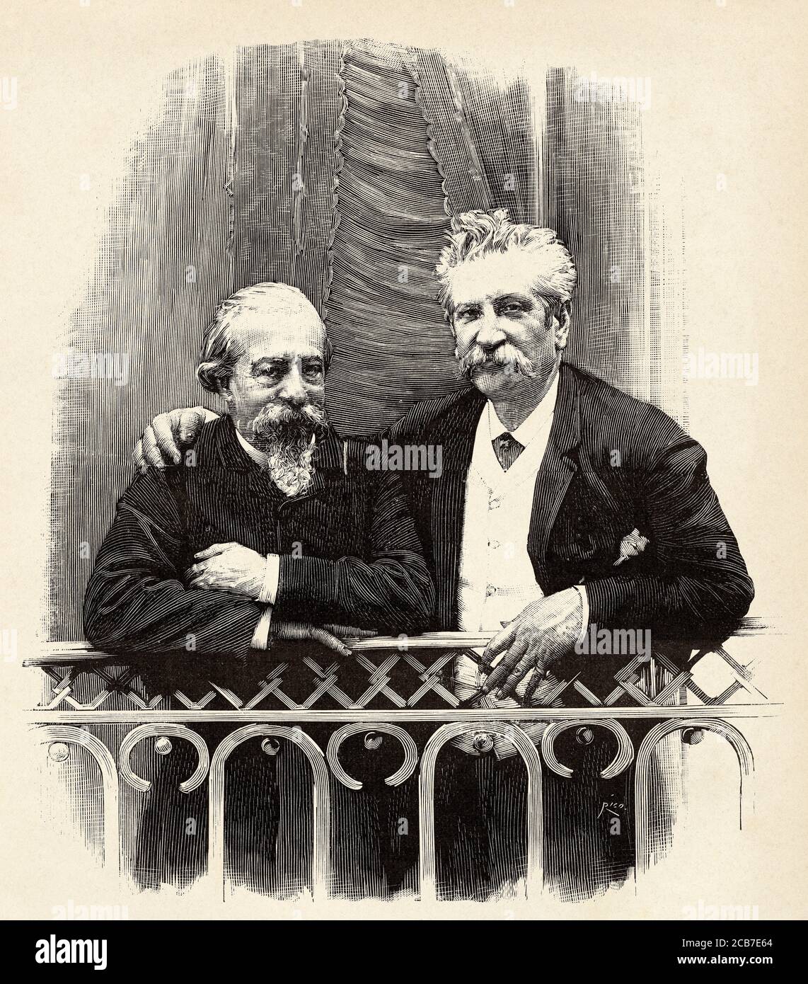 Porträt von José Zorrilla y Moral (Valladolid 1817 - Madrid 1893) spanischer Dichter und Dramatiker; Autor des Romantikdramas Don Juan Tenorio mit seinem Freund, dem Dichter Antonio Fernández Grillo; Spanien. Alte XIX Jahrhundert gravierte Illustration von La Ilustracion Española y Americana 1894 Stockfoto