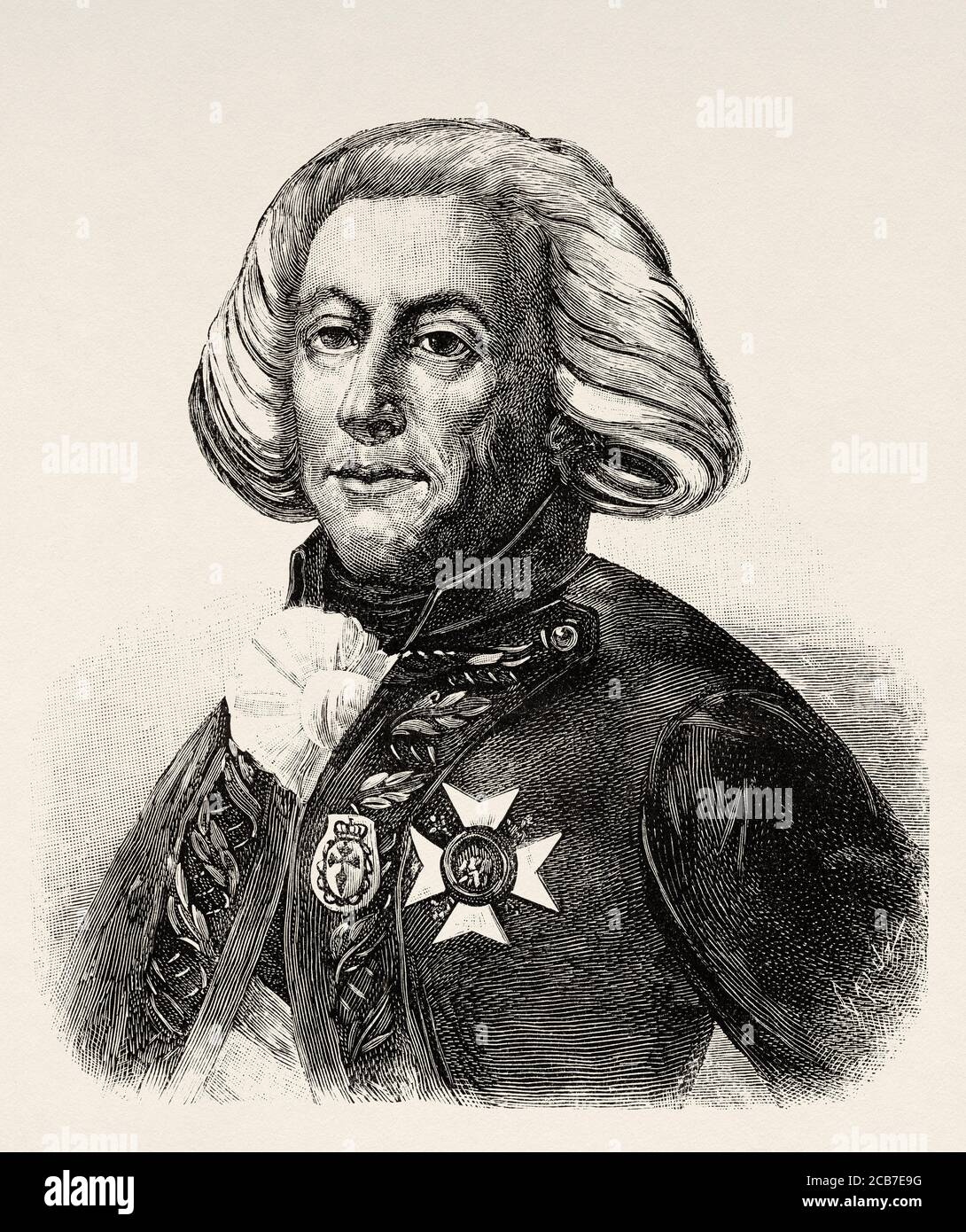 Porträt von Antonio Buenaventura Ricardos Carrillo de Albornoz (Barbastro 1727 - Madrid 1794) Spanisches Militär, Gründer des Militärkollegiums von Ocaña. Spanien. Alte XIX Jahrhundert gravierte Illustration von La Ilustracion Española y Americana 1894 Stockfoto