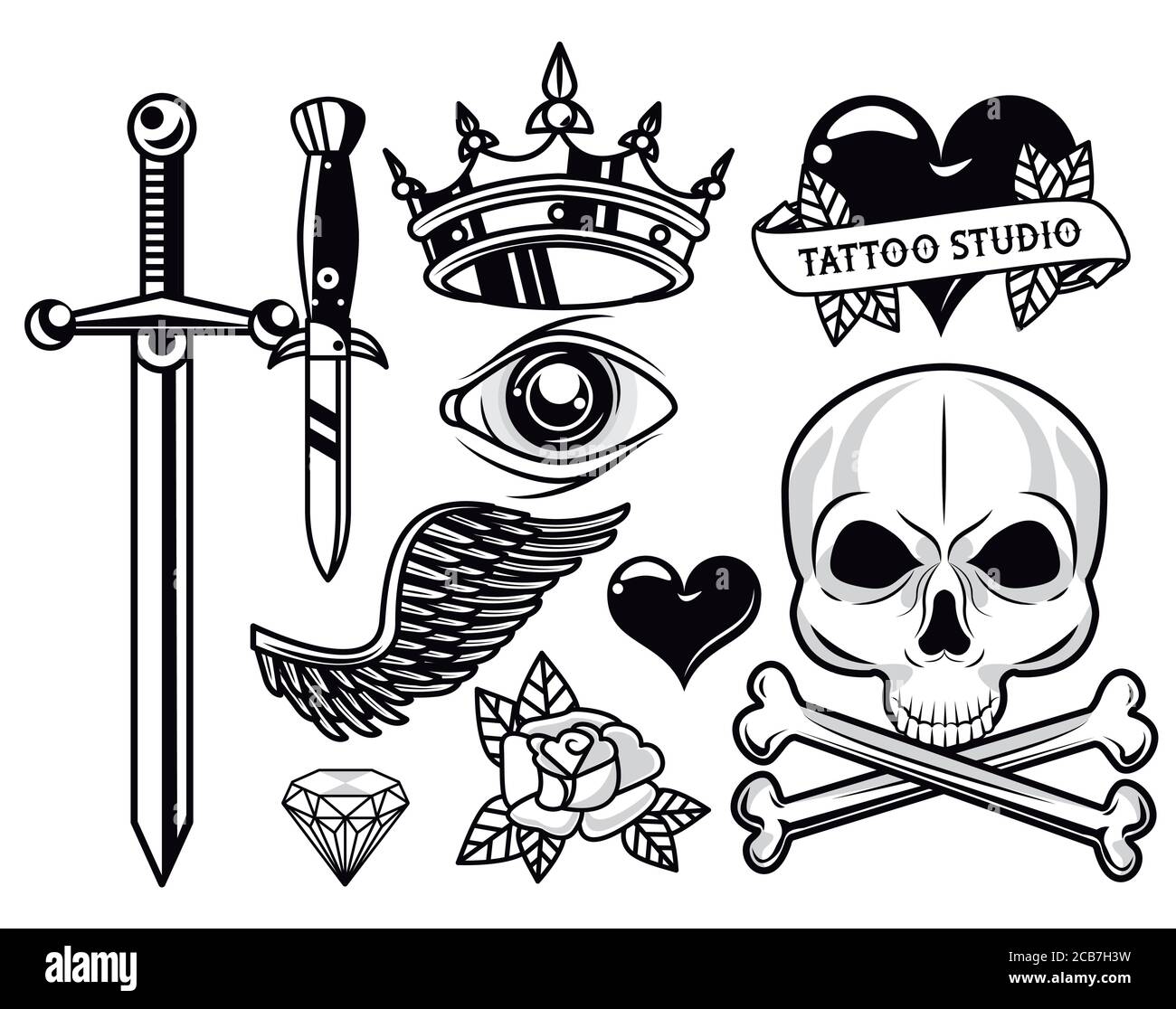 Set von monochromen Tattoos Studio Grafik Vektor Illustration Design Stock Vektor