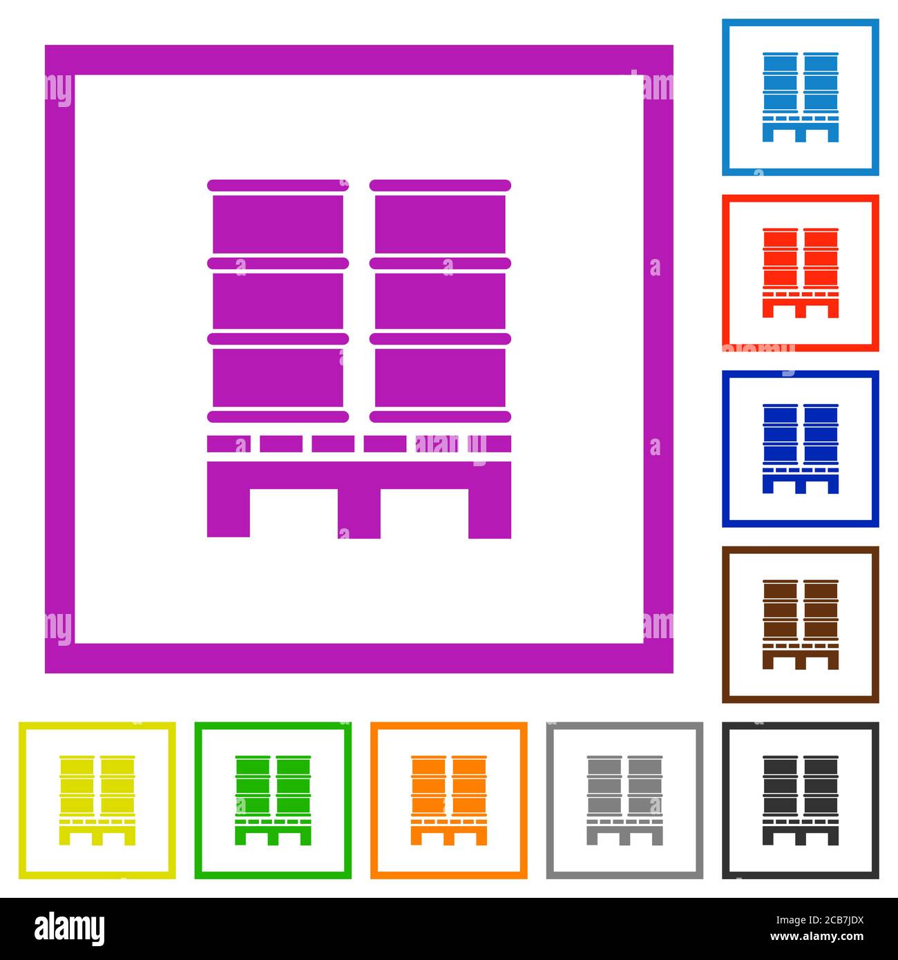 Palette mit Fässern flache Farbsymbole in quadratischen Rahmen auf Weißer Hintergrund Stock Vektor
