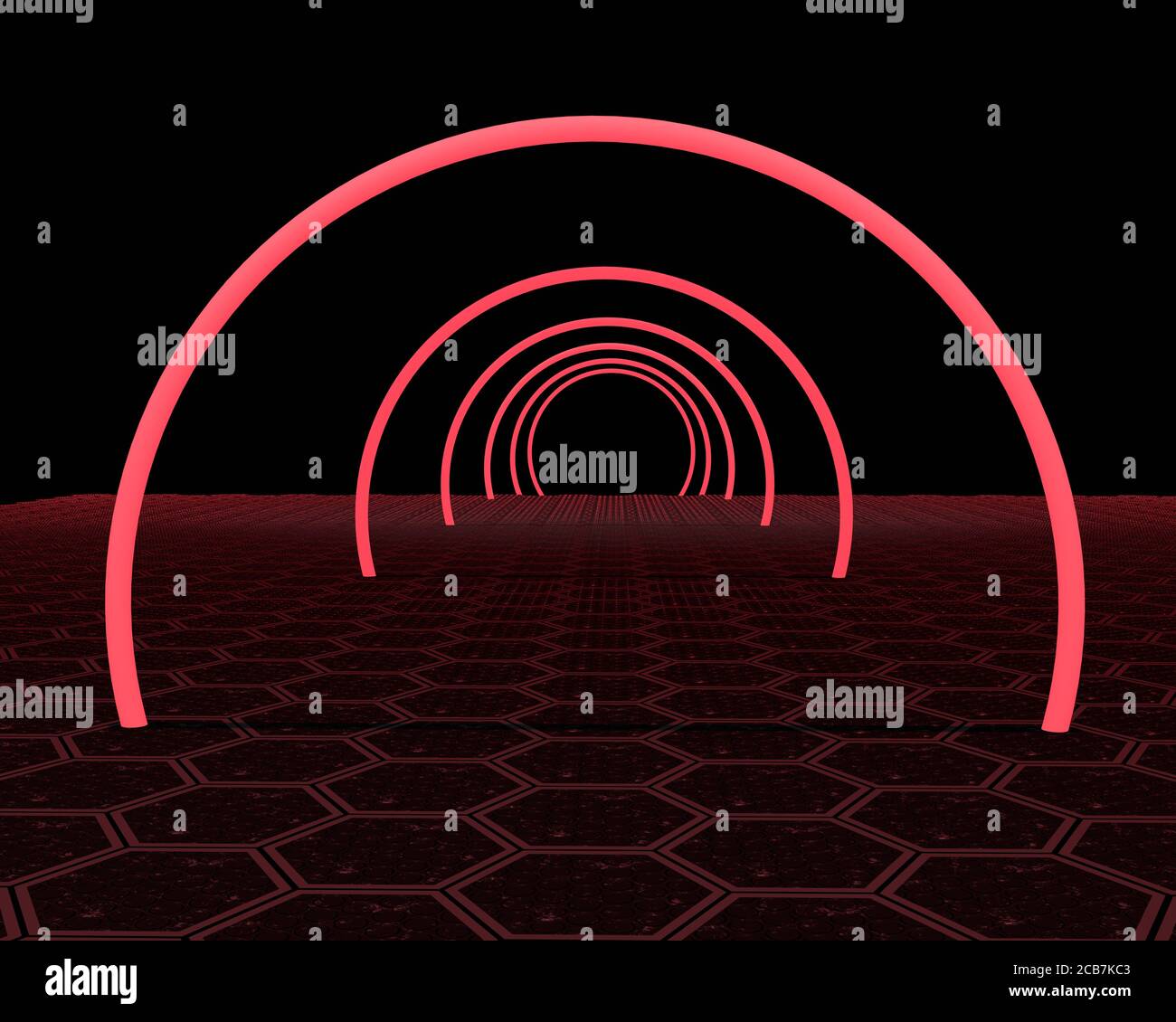 Abstrakter Hintergrund glühende Linien Tunnel, Neonlichter, rote runde Ring Portal auf Sechseck Boden. 3D-Rendering-Bild Stockfoto