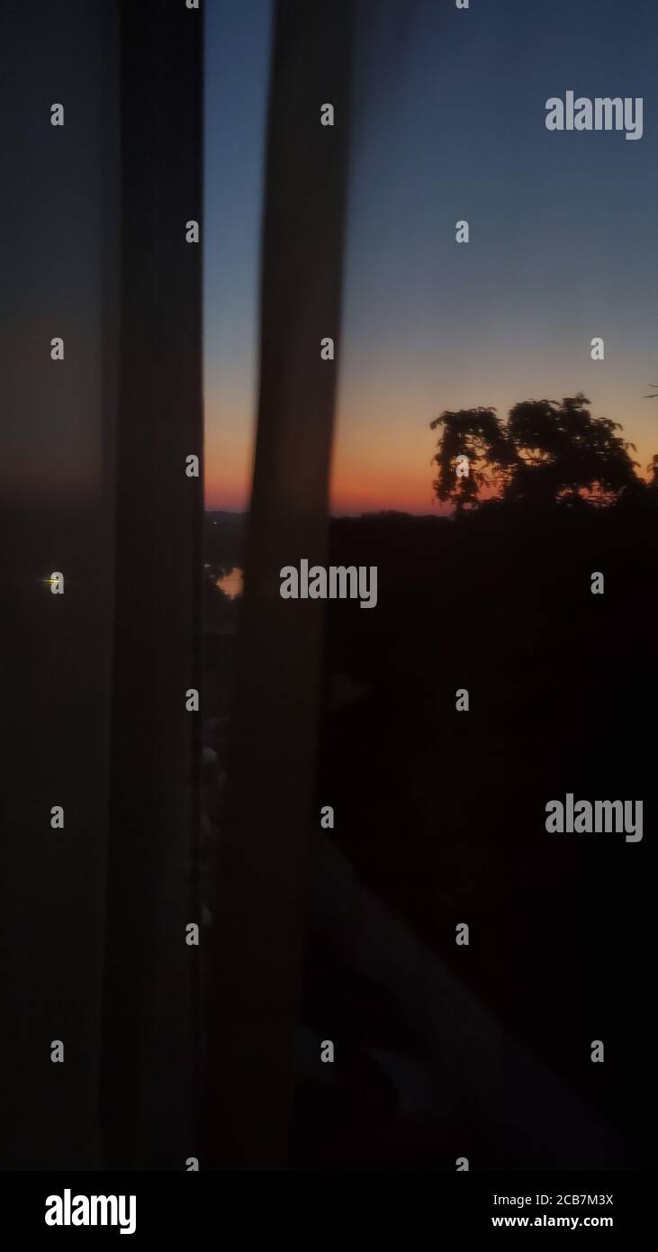 Unschärfe-Ansicht des Sonnenaufgangs in der Dunkelheit mit Baumsilhouetten. Künstlerischer Film Korn-Effekt durch Tüll Vorhang Fenster geschossen Stockfoto