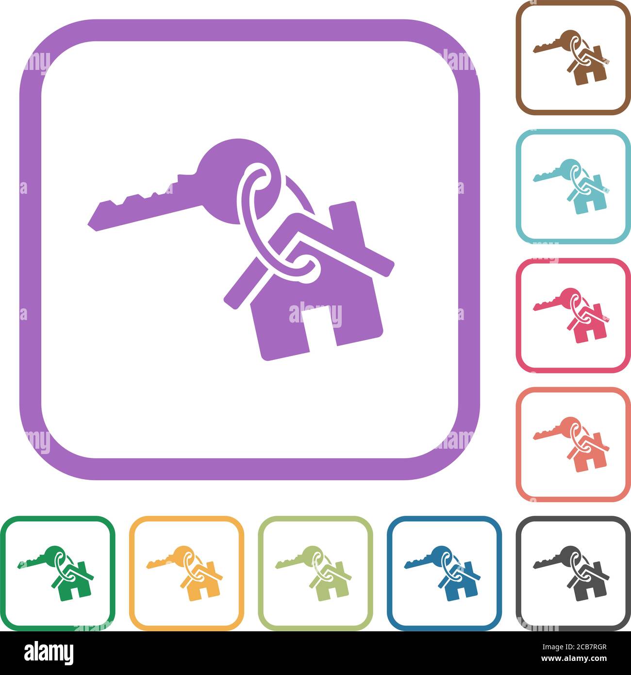 Schlüssel und Haus auf Schlüsselanhänger einfache Symbole in Farbe gerundet Quadratische Rahmen auf weißem Hintergrund Stock Vektor
