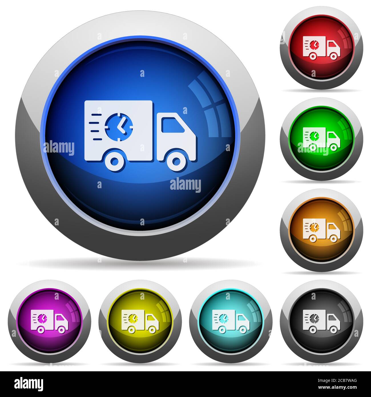 Schnelle Lieferung LKW-Symbole in runden glänzenden Tasten mit Stahl Rahmen in mehreren Farben Stock Vektor