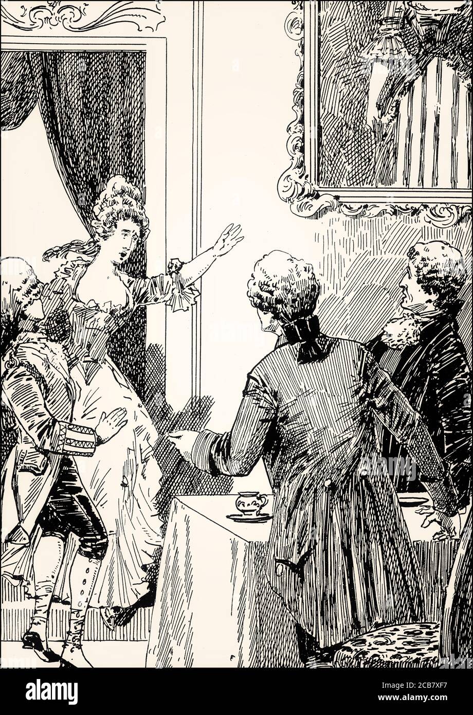 Der Abbé und die Therese, Szene aus dem Roman Wilhelm Meisters Lehrjahre von Johann Wolfgang von Goethe Stockfoto