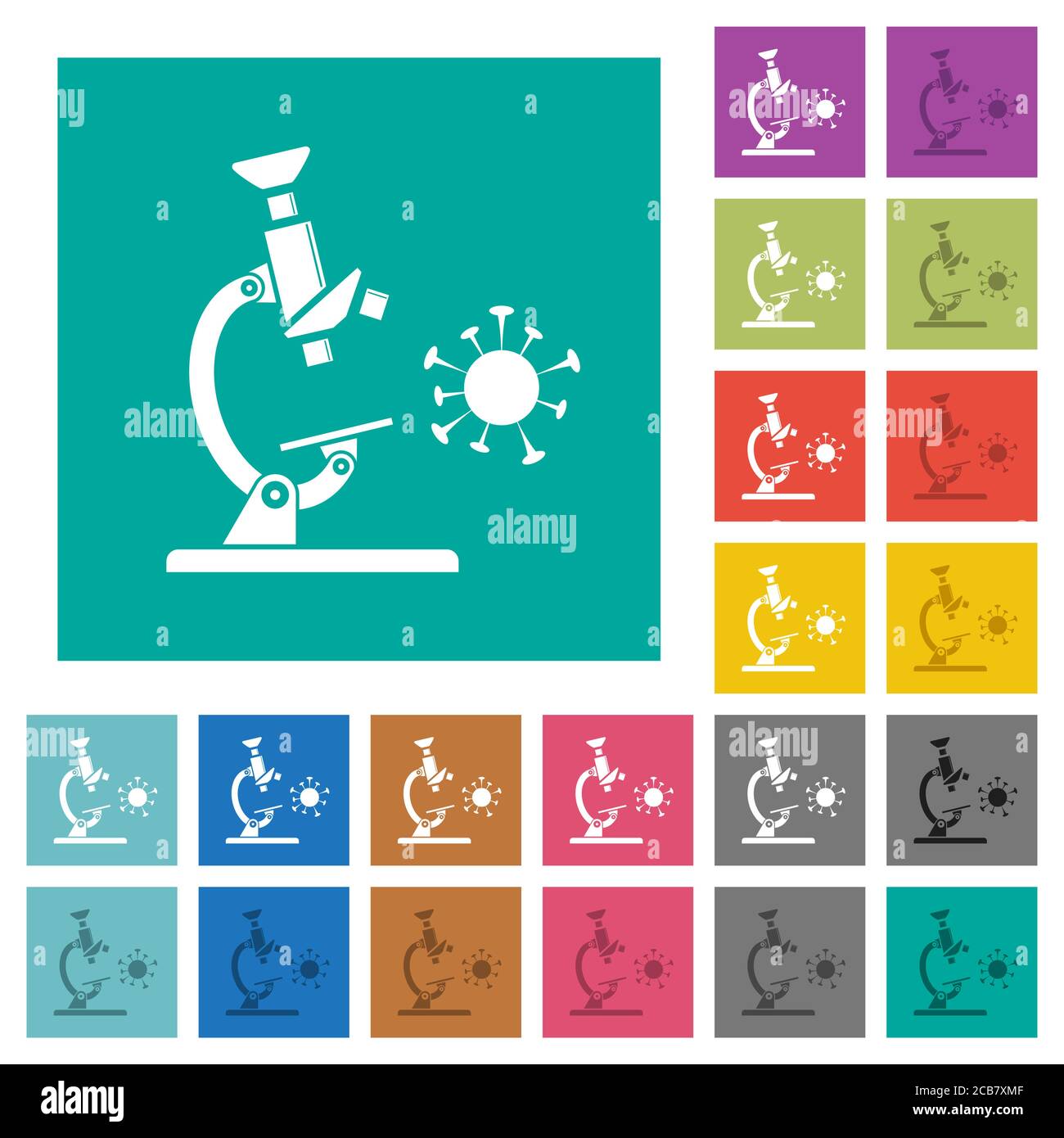 Mikroskop und Virus mehrfarbige flache Symbole auf einfachen quadratischen Hintergründen. Weiße und dunklere Symbolvarianten für schwebe- oder aktive Effekte. Stock Vektor
