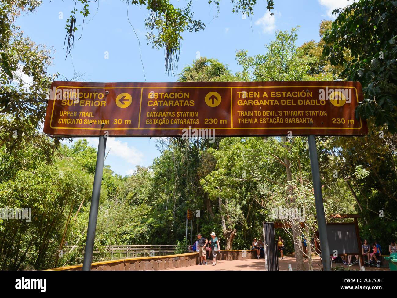Schild mit Wegbeschreibung im Nationalpark Iguazú auf der Seite Argentiniens. Tafel mit Hinweisen für Touristen, die Iguassu Falls / Iguazu Falls besuchen. Stockfoto