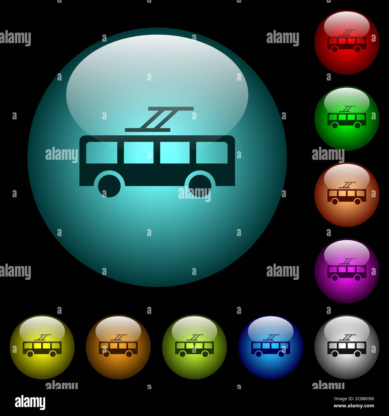 Trolley-Bus-Symbole in farbig beleuchteten sphärischen Glastasten auf schwarzem Hintergrund. Kann für schwarze oder dunkle Vorlagen verwendet werden Stock Vektor