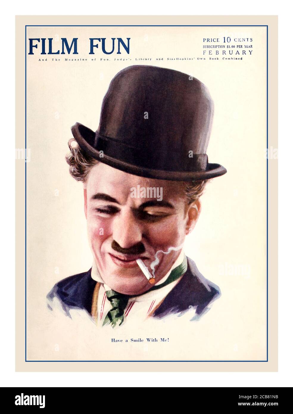 CHARLIE CHAPLIN 1900 Vintage Archive Hollywood Magazine Frontcover Illustration Mit Charlie Chaplin, der eine Zigarette raucht und seinen typischen Melone trägt hat 1916 'Have a smile with me' Stockfoto