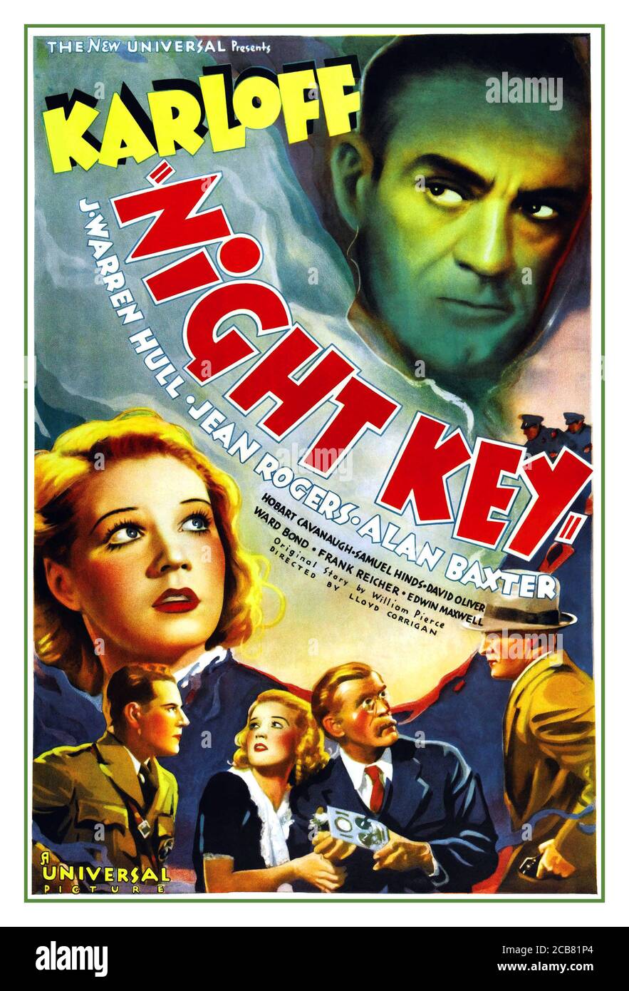 BORIS KARLOFF Vintage 1930er Jahre Film Kino Poster 'THE NIGHT KEY', mit Boris Karloff, mit Jean Rogers, Warren Hull und Alan Baxter Film Kino Poster 1937 The New Universal Studios Stockfoto