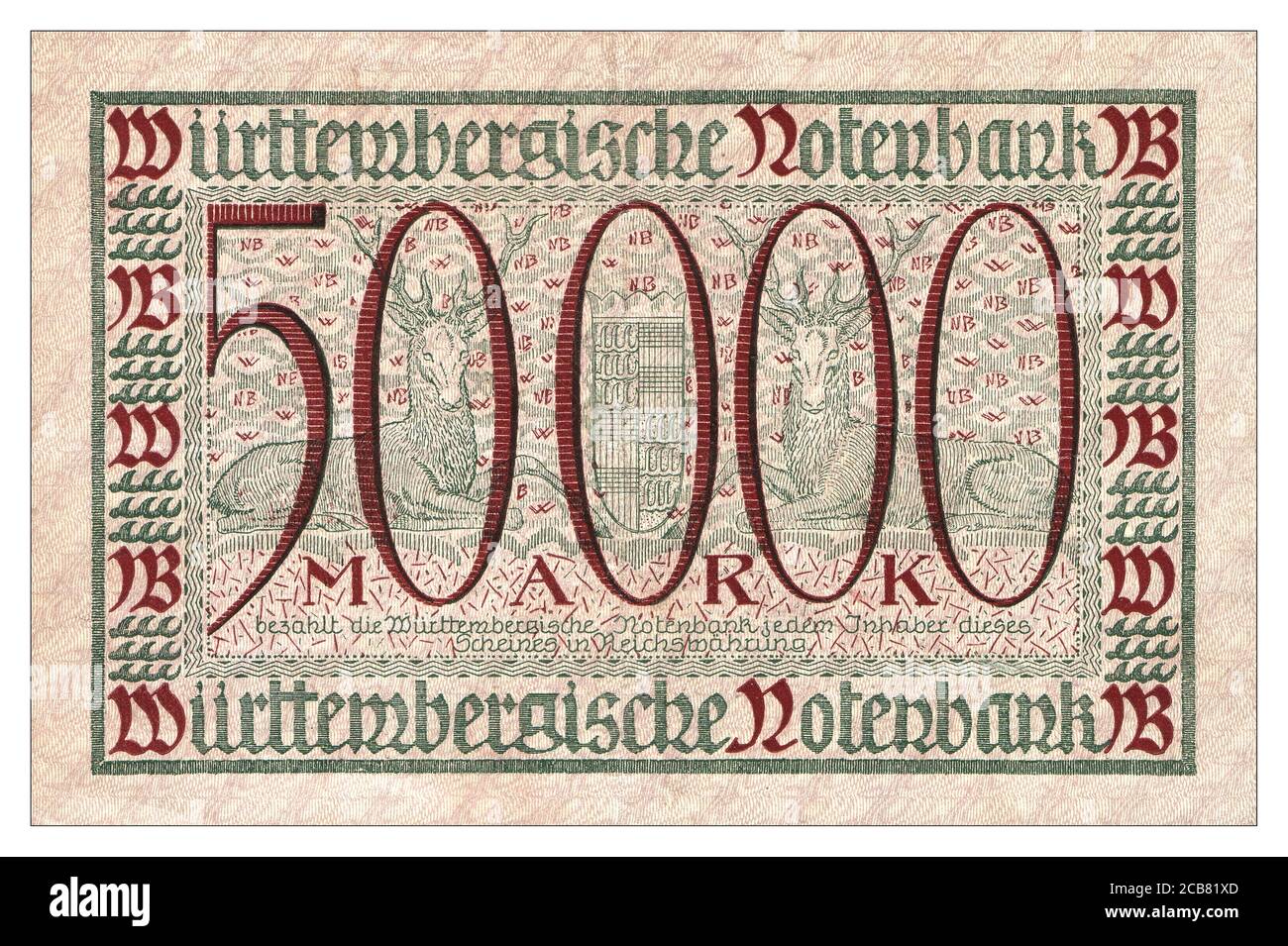 NOTGELD Archiv Inflation 1920er Notgeld-Banknote: 50 000 Mark, Württembergische Notenbank (1923), Format 105 mm x 160 mm. Deutschland Stockfoto