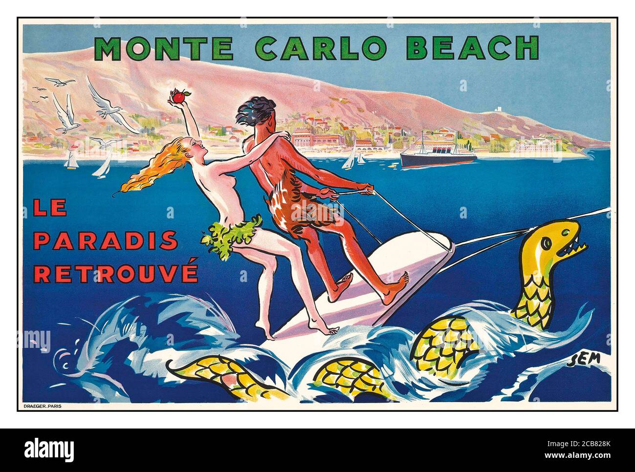 Vintage Travel Poster 1900 MONTE CARLO BEACH le paradis retrouve ( Paradies wiederentdeckt) Lithographie in Farben, gedruckt bei Draeger, Paris, SEM (Georges Goursat, 1863-1934) Stockfoto