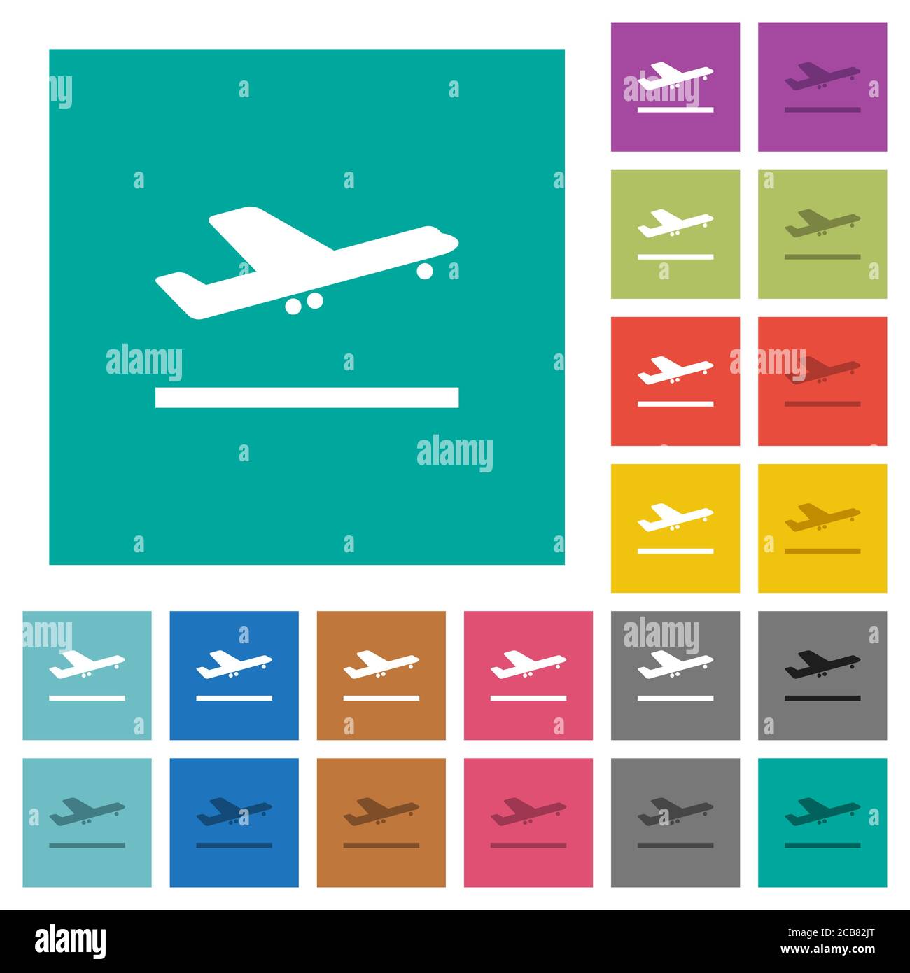 Flugzeug abheben mehrfarbige flache Symbole auf einfachen quadratischen Hintergründen. Weiße und dunklere Symbolvarianten für schwebe- oder aktive Effekte. Stock Vektor