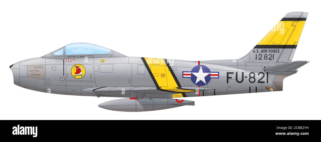 North American F-86E Sabre (51-2821) pilotiert von Major Frederick C. Blesse vom 334th Fighter-Interceptor Squadron USAF, Koreakrieg, Herbst 1952 Stockfoto