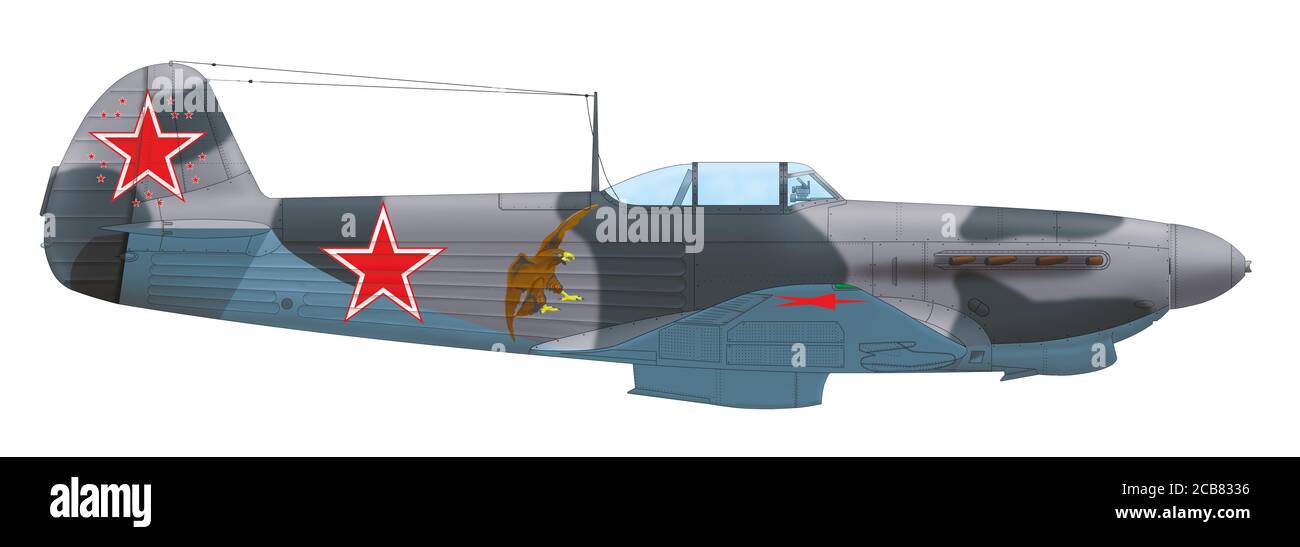 Jakowlew Jak-9D pilotiert von Michail Wassiljewitsch Awdejew des 8. Jagdflugregiments der Marine Aviation der Schwarzmeerflotte, Frühjahr 1944 Stockfoto