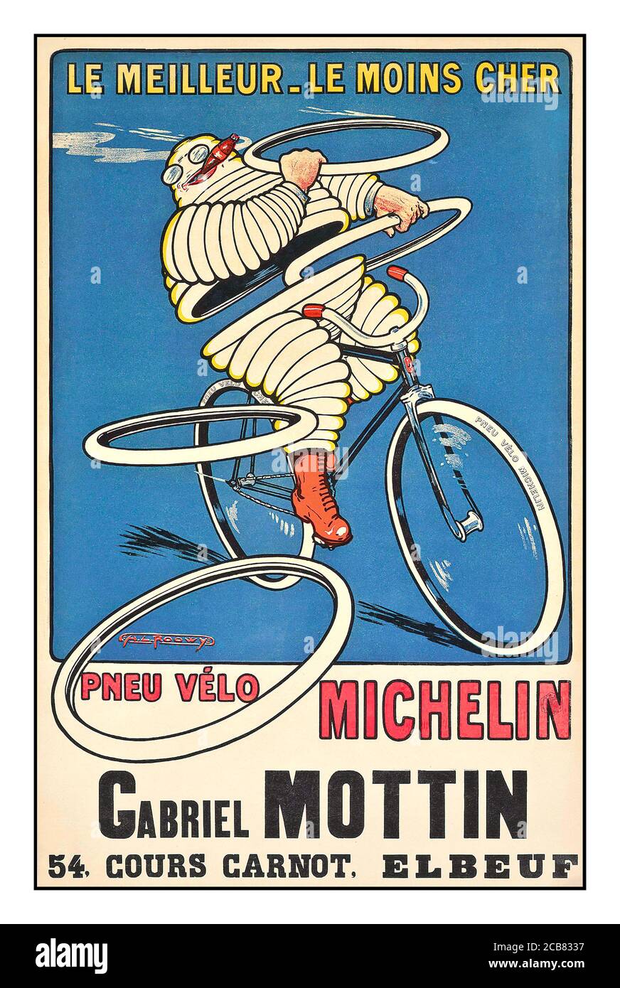 Französisches Werbeplakat 'PNEU VÉLO MICHELIN' des Jahrgangs 1900 von H.L. Roowy Lithographie in Farben, 1912, gedruckt bei Chaix, Paris, Le Meilleur Le Moins Cher, GABRIEL MOTTIN 54 Cours Carnot Elbeuf Frankreich Stockfoto