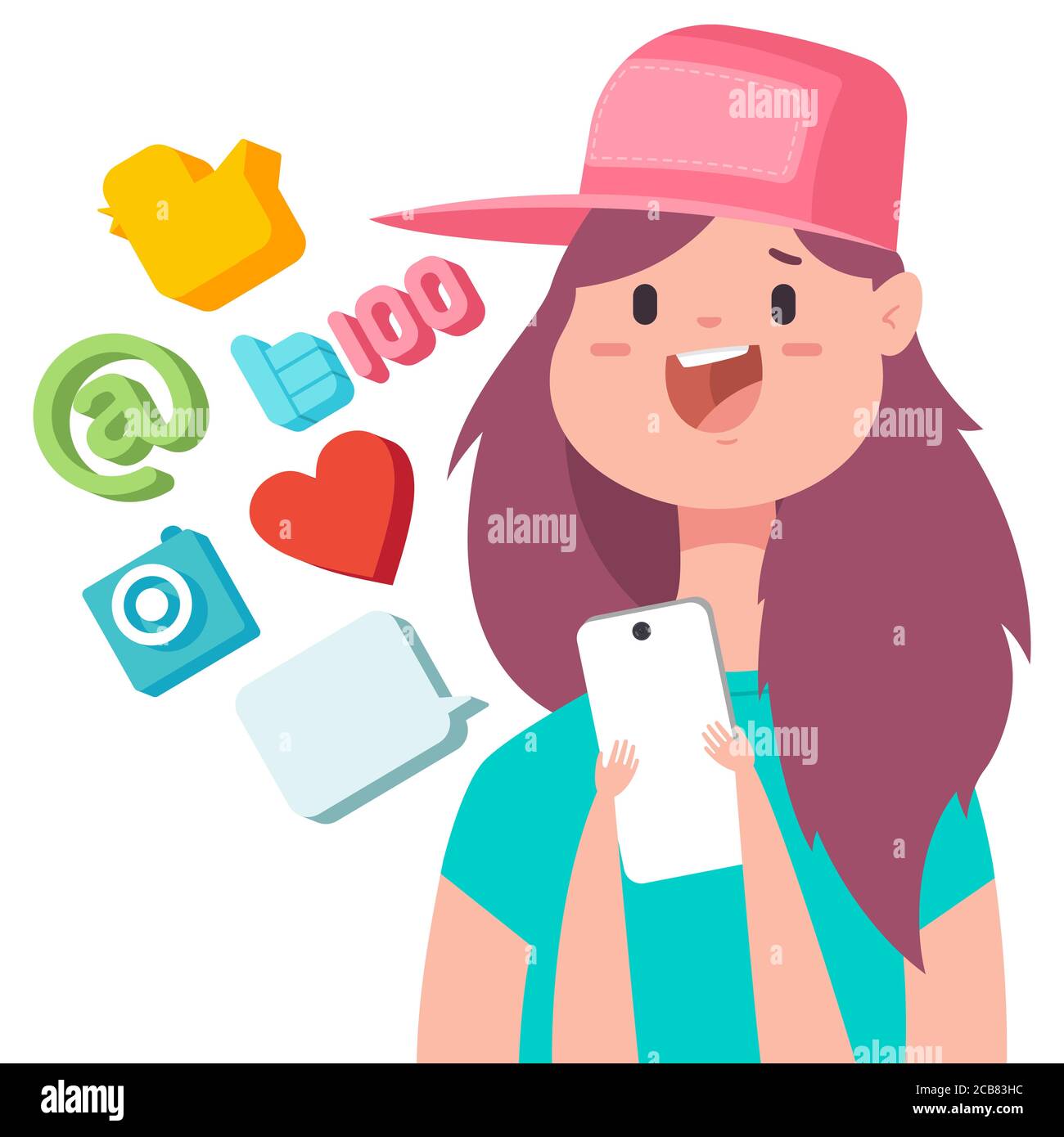 Social Media Konzept Illustration mit niedlichen Mädchen in Baseball Cap Vektor Cartoon Frau Charakter isoliert auf einem weißen Hintergrund. Stock Vektor