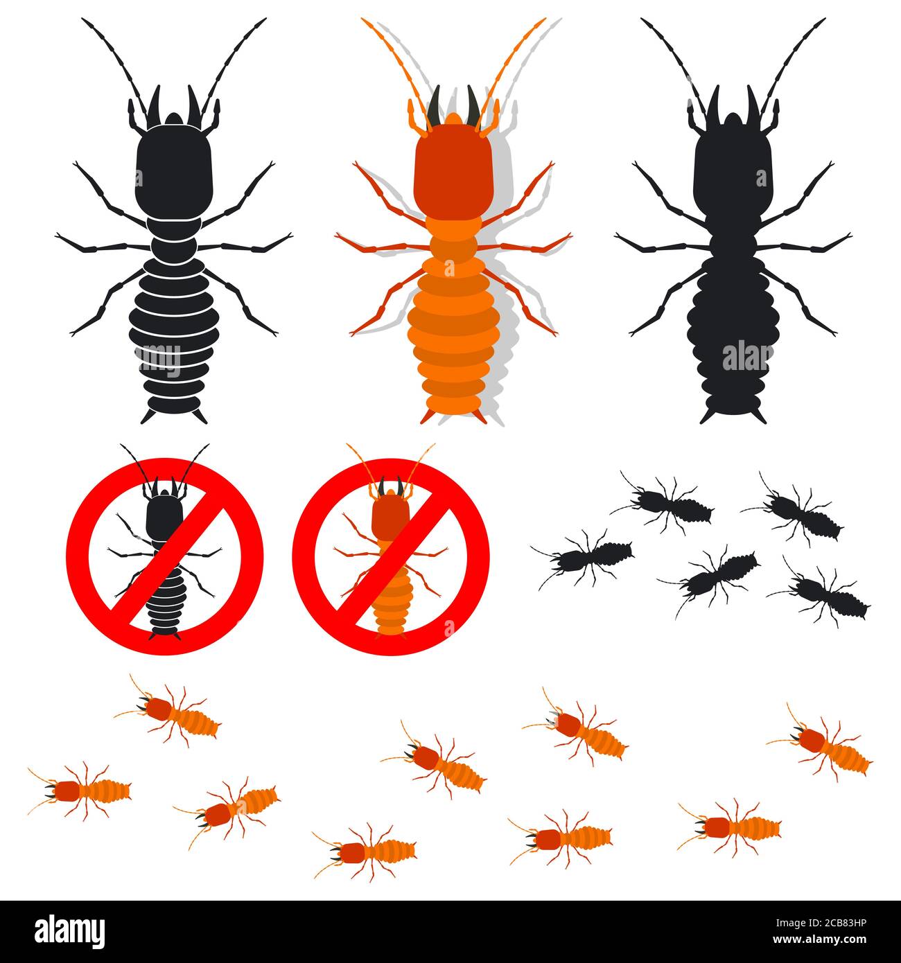 Symbole für Termitenvektoren festgelegt. Zeichen für die Kontrolle von Insekten. Illustration von Käfer isoliert auf weißem Hintergrund. Stock Vektor