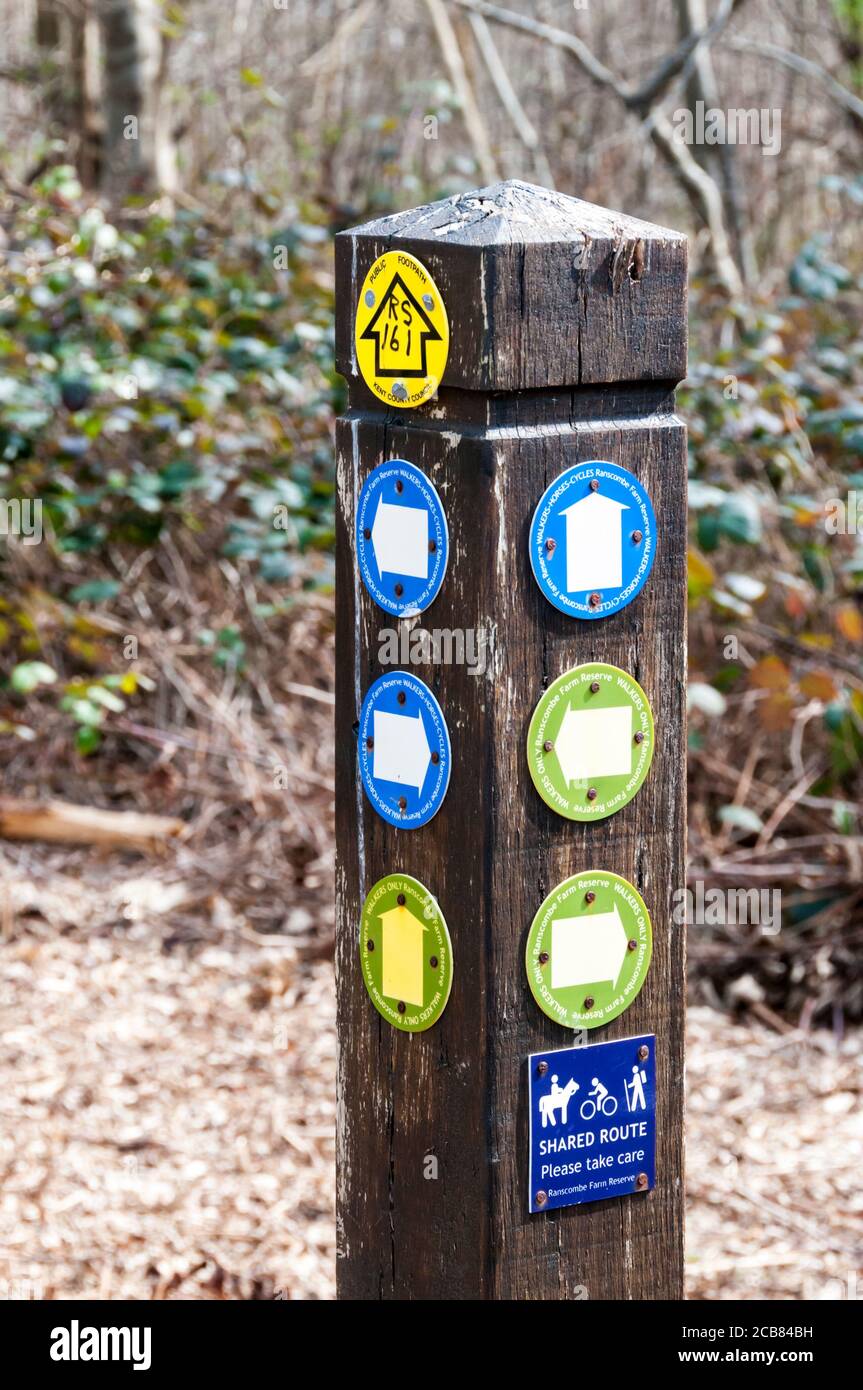 Große Anzahl von verwirrenden Wegmarkierpfeilen auf einem Schild in der englischen Landschaft. Stockfoto