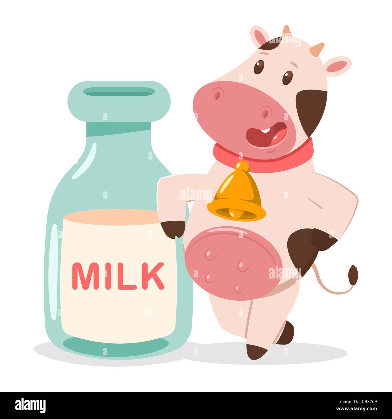 Süße Kuh mit Milchflasche. Vektor Cartoon Bauernhof Tier Charakter isoliert auf einem weißen Hintergrund. Stock Vektor