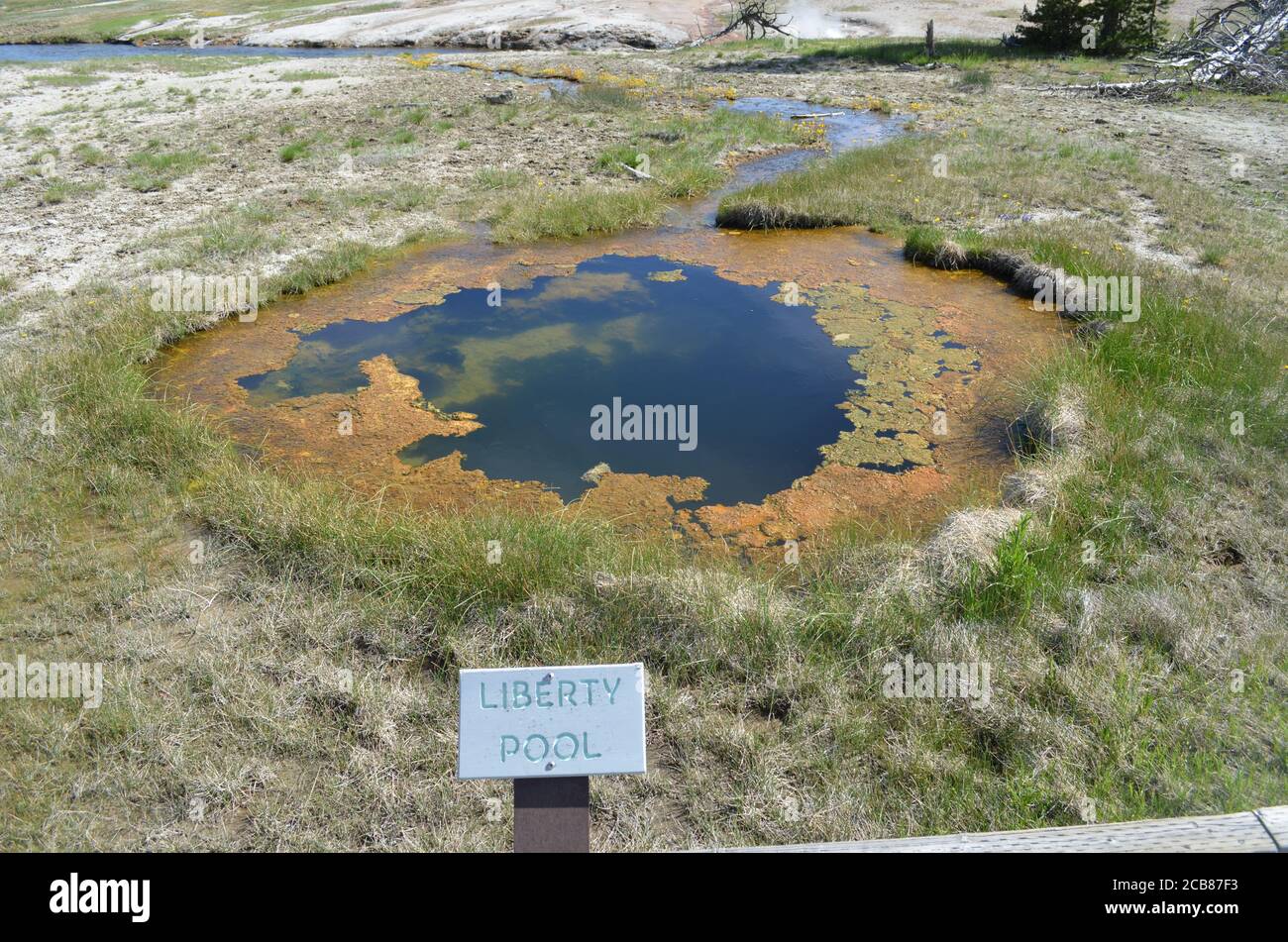 YELLOWSTONE NATIONAL PARK, WYOMING - 8. JUNI 2017: Liberty Pool in der Sawmill Group fließt in den Firehole River im Upper Geyser Basin Stockfoto