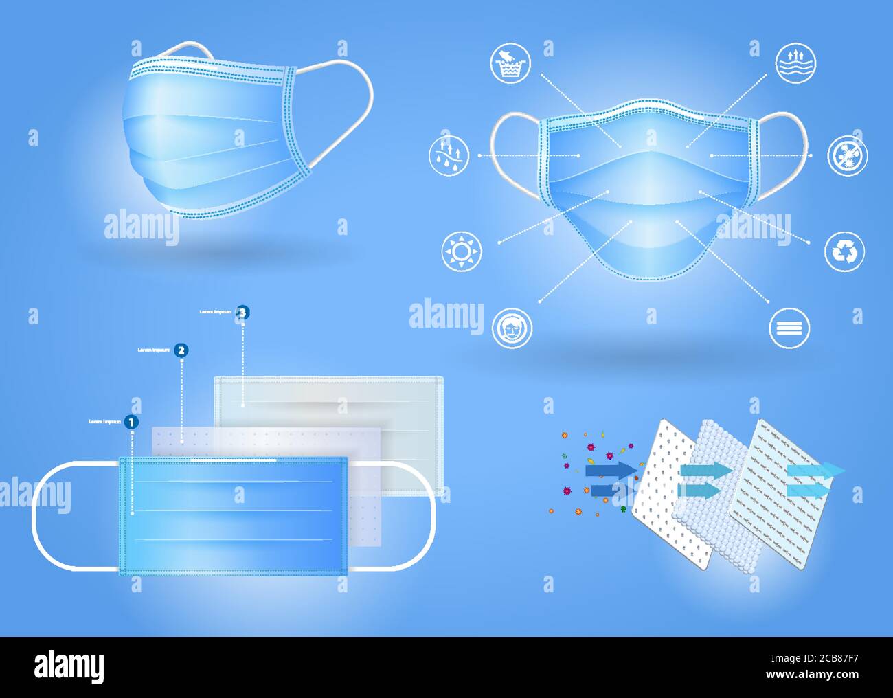Set aus drei Schichten in verschiedenen Farben oder N95 chirurgische Maske oder Flüssigkeit resistent medizinische Gesichtsmaske Material oder Luft Fluss Illustration Schutz medizinische Mas Stock Vektor
