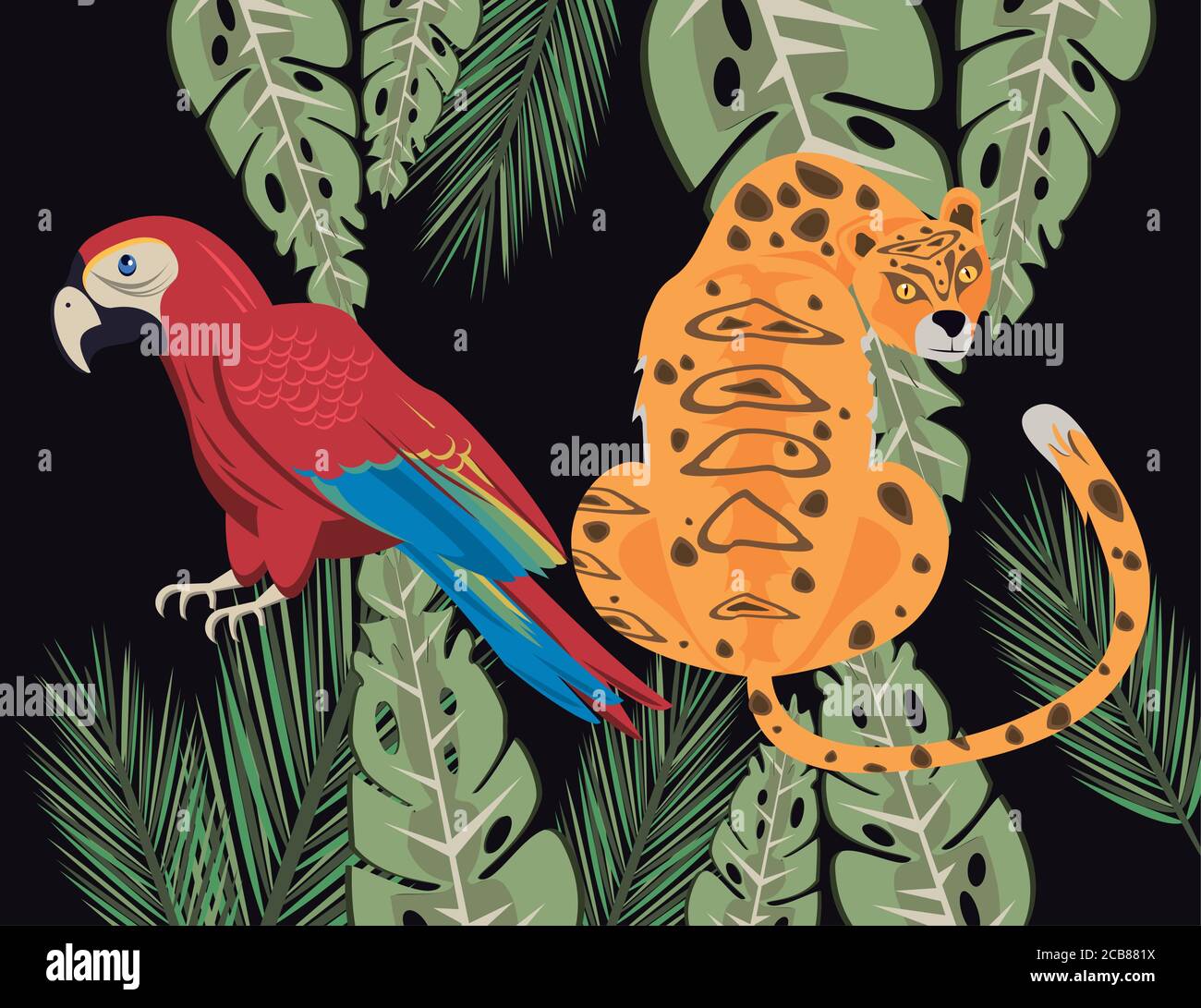 Wilder Leopard und Papagei Tier im Dschungel Szene Vektor Illustrationsdesign Stock Vektor