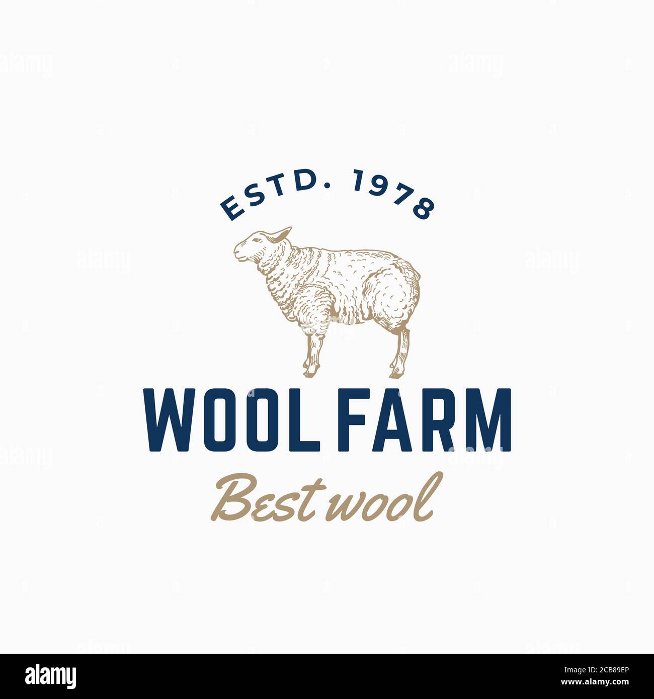 Wool Farm abstrakte Vektor-Zeichen, Symbol oder Logo-Vorlage. Handgezeichnete Gravur Stil Schafe Silhouette mit Retro Typografie. Vintage-Emblem. Stock Vektor