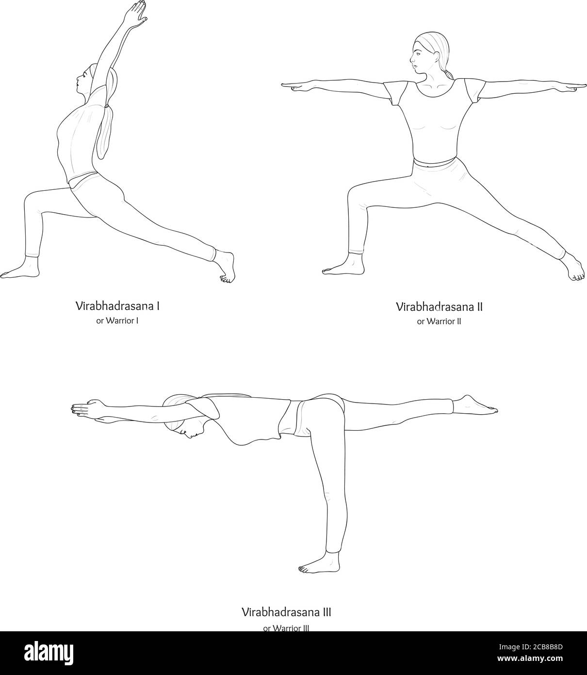 Satz von Virabhadrasana I, II, III (Krieger I, II, III). Vektor. Stock Vektor