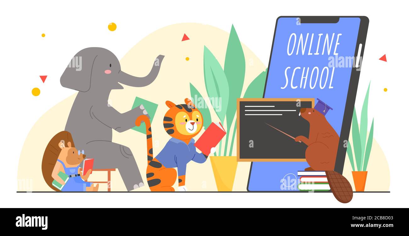 Tiere in Online-Schule Bildung Vektor Illustration. Cartoon flach Elefant Igel Tiger Biber Schüler Charaktere Studie in virtuellen Klassenzimmer, mobile Abstand Schulkonzept isoliert auf weiß Stock Vektor