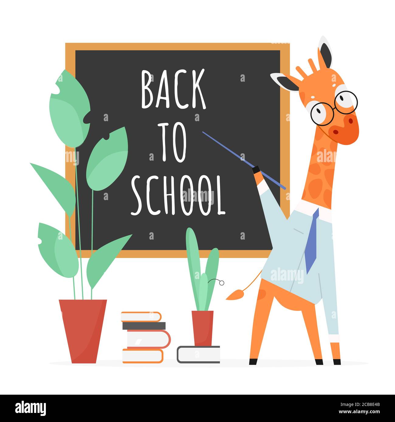 Zurück zur Schule Konzept Vektor Illustration. Cartoon flache Giraffe Lehrer Charakter mit Zeiger und Brille stehen an der Schule Tafel, Unterricht Tierschüler, Bildungskonzept isoliert auf weiß Stock Vektor