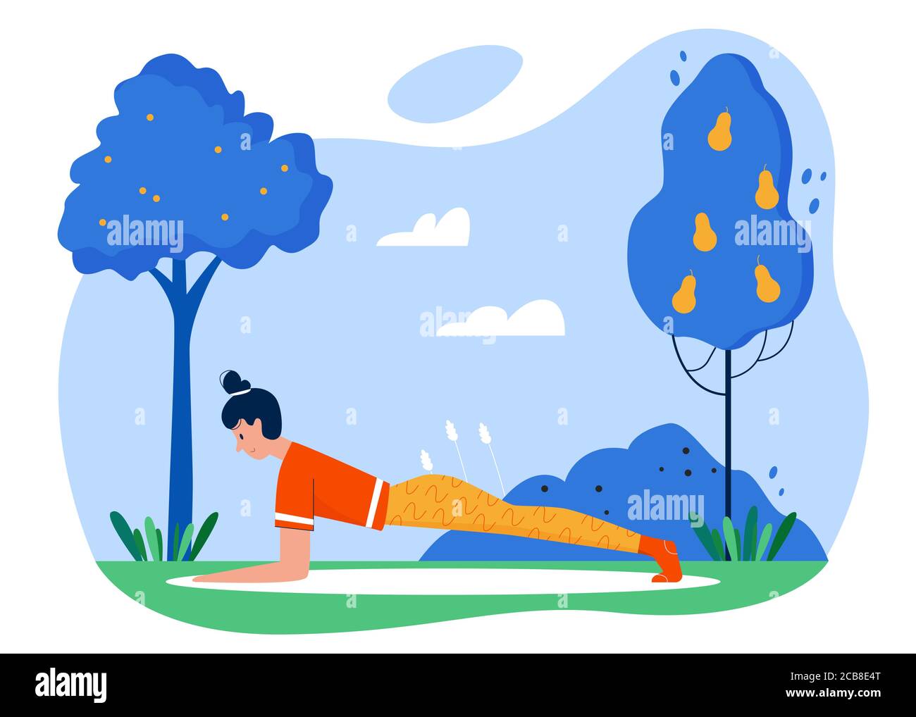Yoga Praxis Sport Aktivität flache Vektor Illustration. Cartoon aktive Mädchen Charakter Yoga Asana Übungen im Sommer Outdoor-Park Garten, Sport gesunde Aktivität in der Natur isoliert auf weiß Stock Vektor