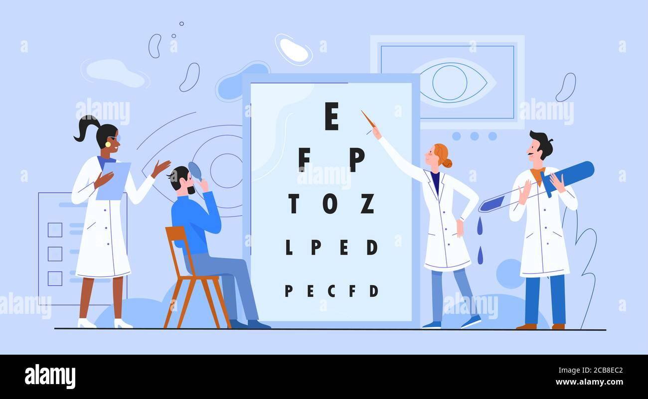 Ophthalmologie Medizin Konzept flache Vektor-Illustration. Cartoon Frau Mann Arzt Augenarzt Zeichen Überprüfung, Prüfung Patienten Sehvermögen, medizinische Untersuchung im Krankenhaus, Gesundheit Hintergrund Stock Vektor